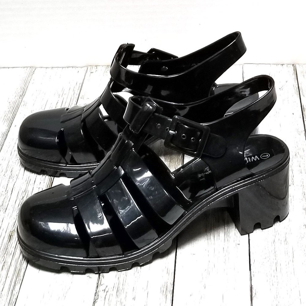 New Black Jelly Huarache Caged Chunky Heel Sandals